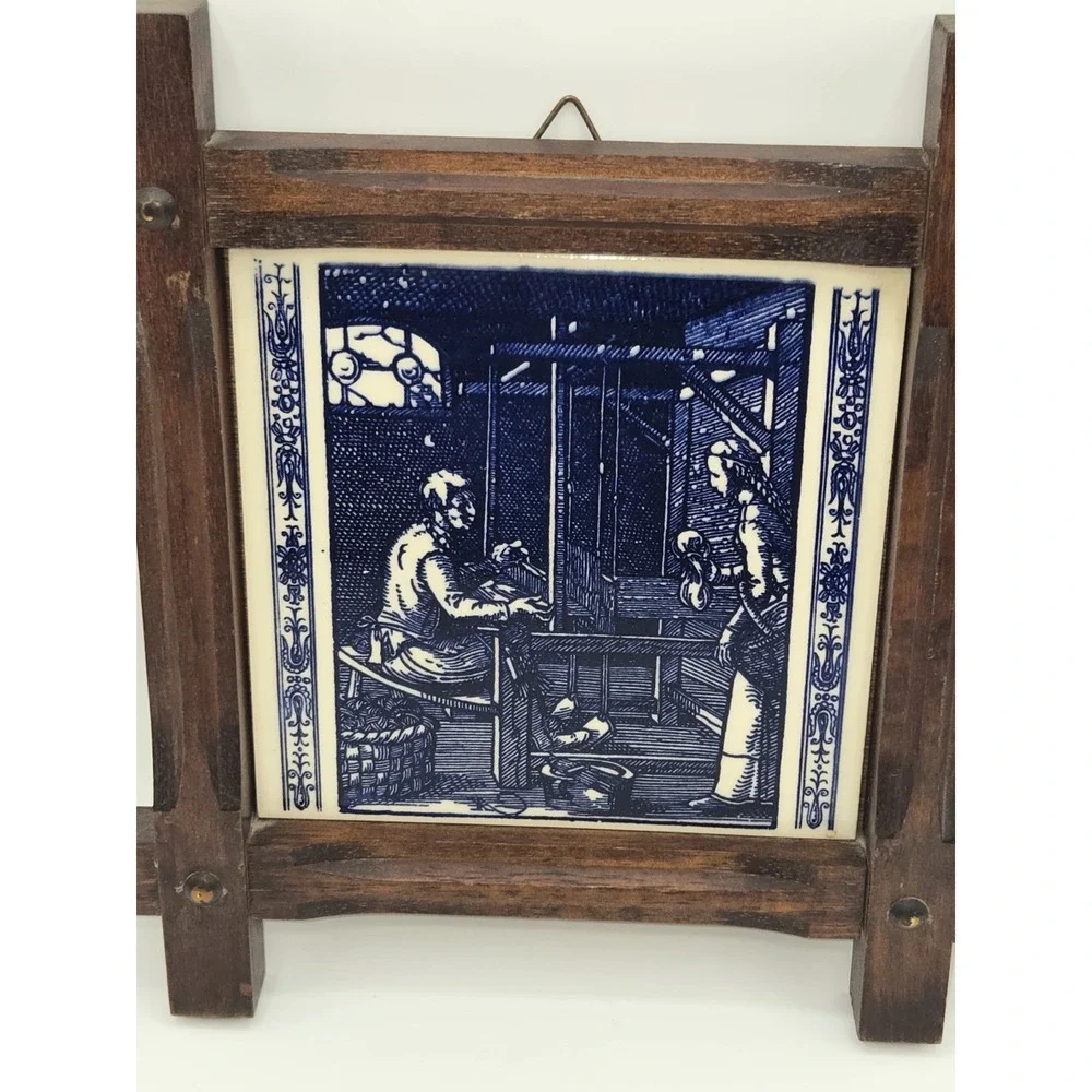 Vintage Delft Blue Tile Loom Worker Wall Plaque Wooden Tramp Art Style Frame